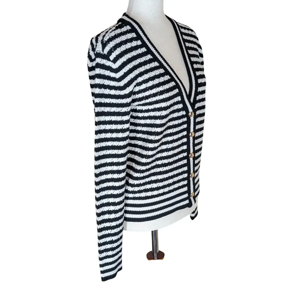 LOFT Pointelle Striped Cardigan Size XS Black White Stripe Gold Buttons Crochet